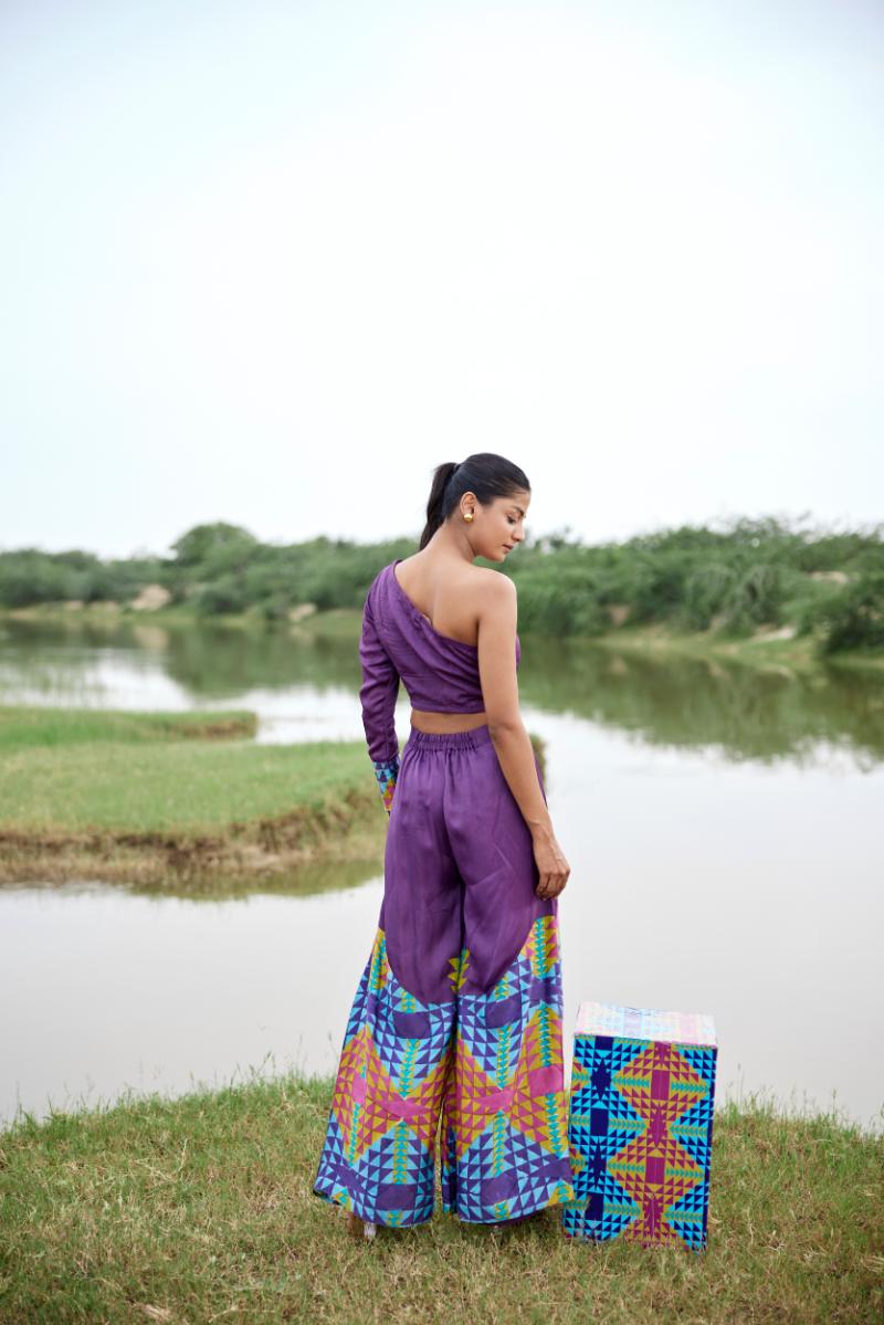 Purple One-shoulder hand-blocked blouse paired with pants