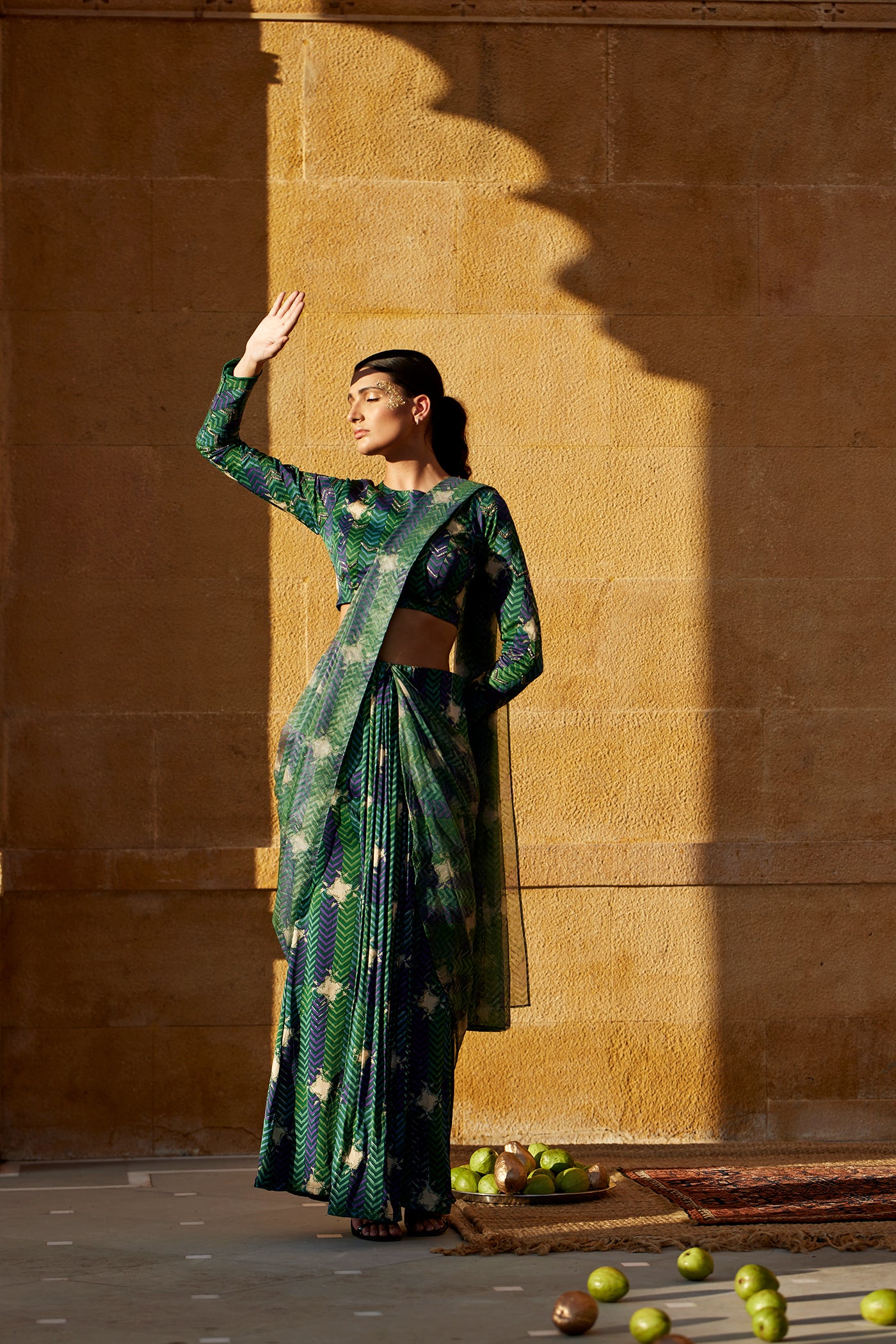 Evergreen satin handblock drape saree set paired with highlighted blouse for women