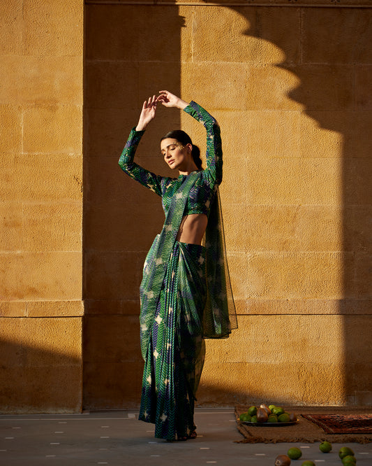 Evergreen satin handblock drape saree set paired with highlighted blouse for women