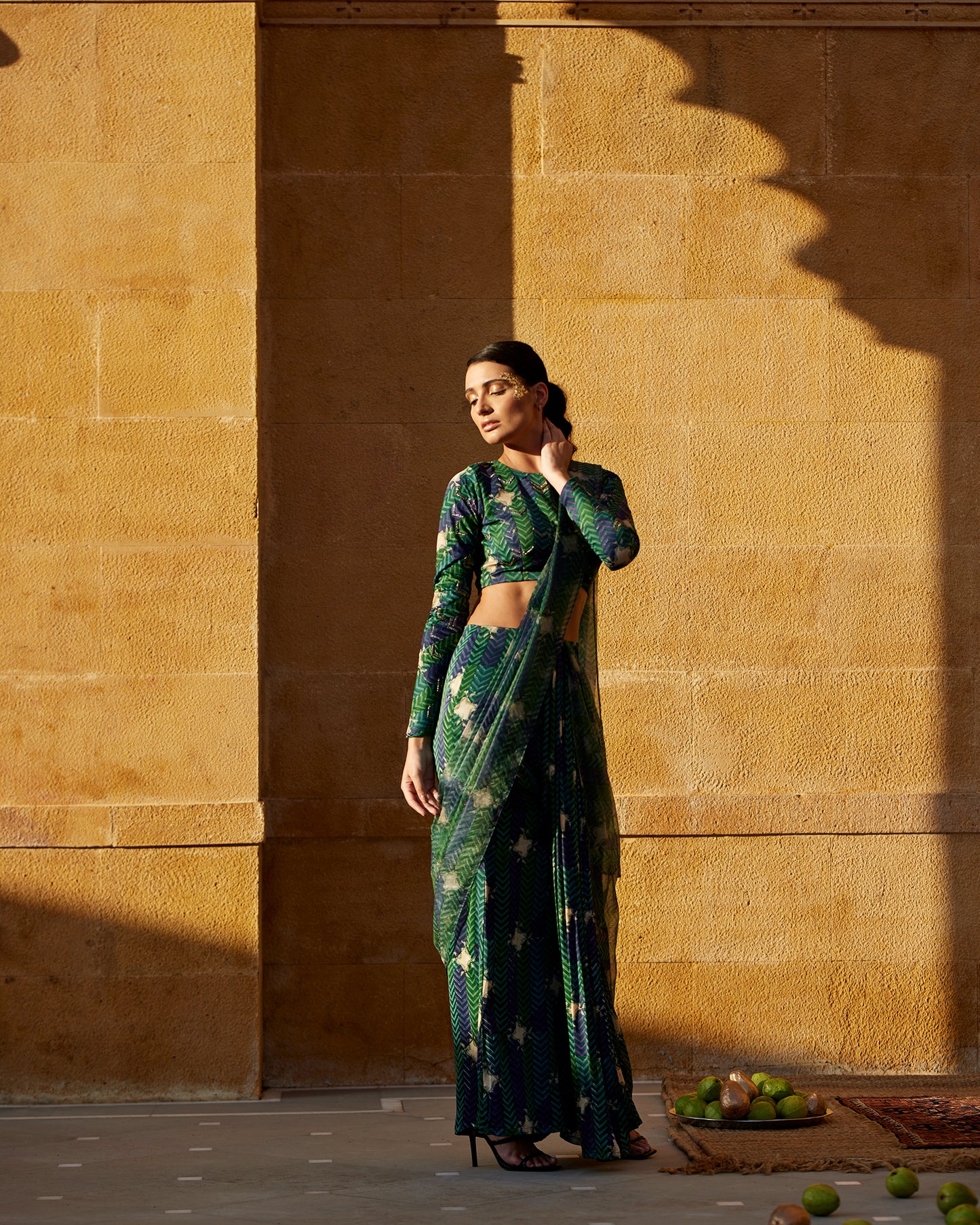 Evergreen satin handblock drape saree set paired with highlighted blouse for women