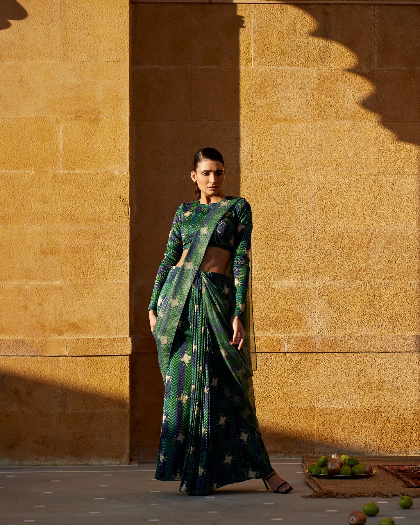 Evergreen satin handblock drape saree set paired with highlighted blouse for women