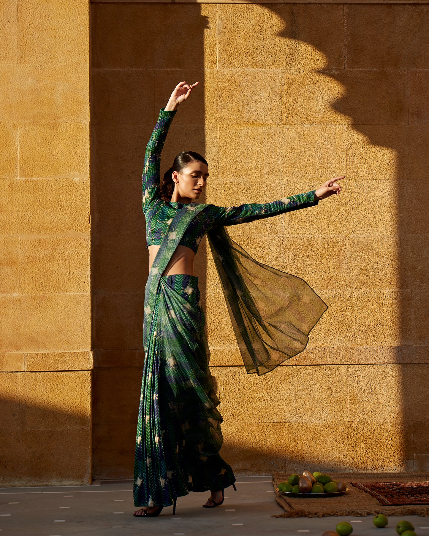 Evergreen satin handblock drape saree set paired with highlighted blouse for women