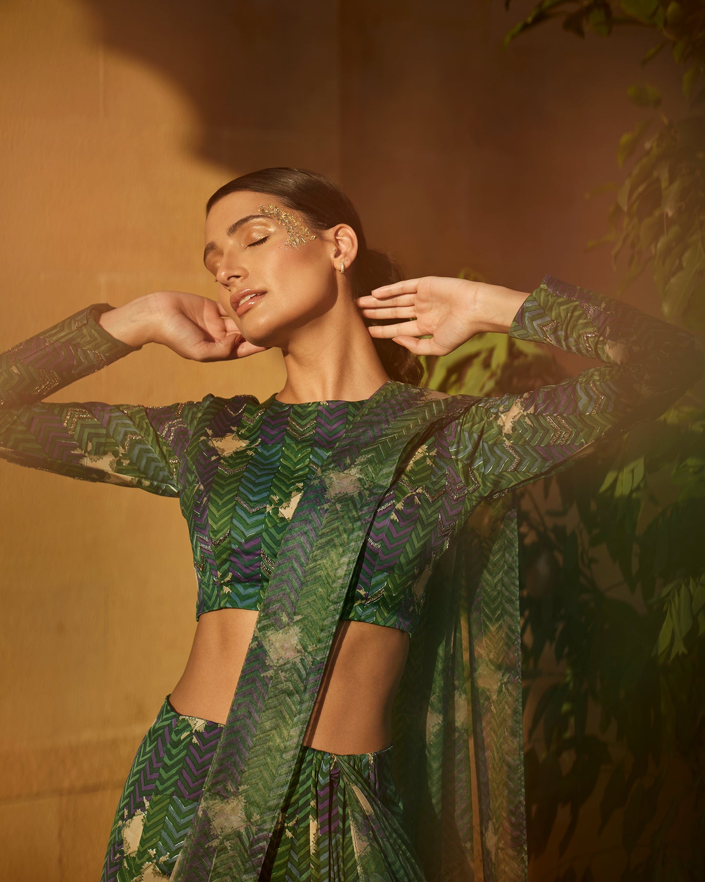 Evergreen satin handblock drape saree set paired with highlighted blouse for women