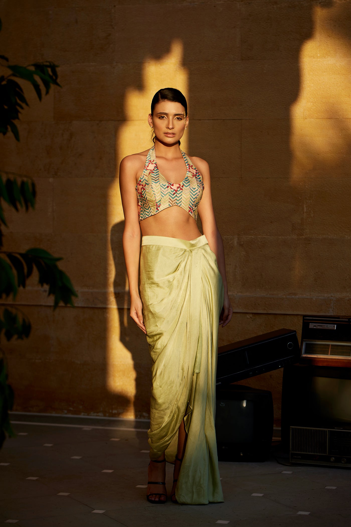 Pistachio satin drape skirt paired with hand block highlighted blouse for women
