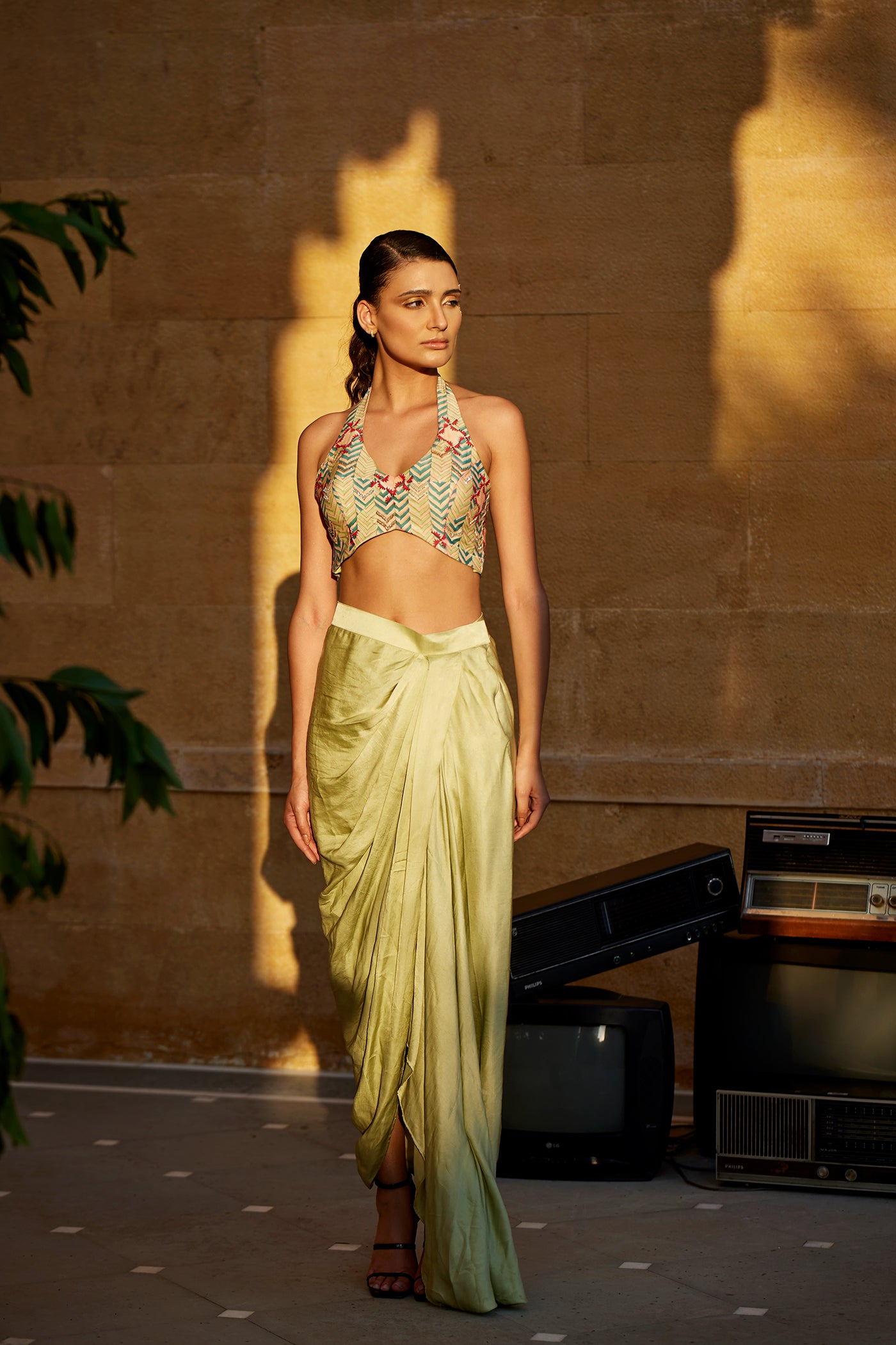 Pistachio satin drape skirt paired with hand block highlighted blouse for women