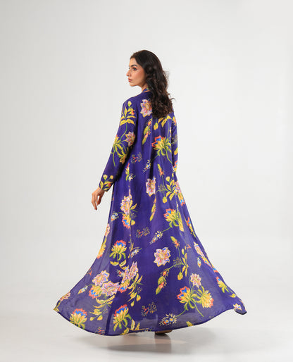 Royal Blue Floral Printed Three-Piece Set with Palazzo Pants, Bustier & Long Jacket