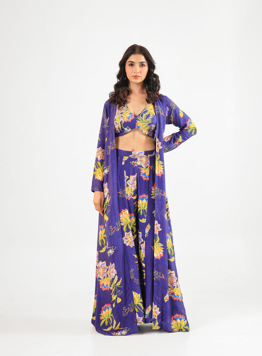 Royal Blue Floral Printed Three-Piece Set with Palazzo Pants, Bustier & Long Jacket