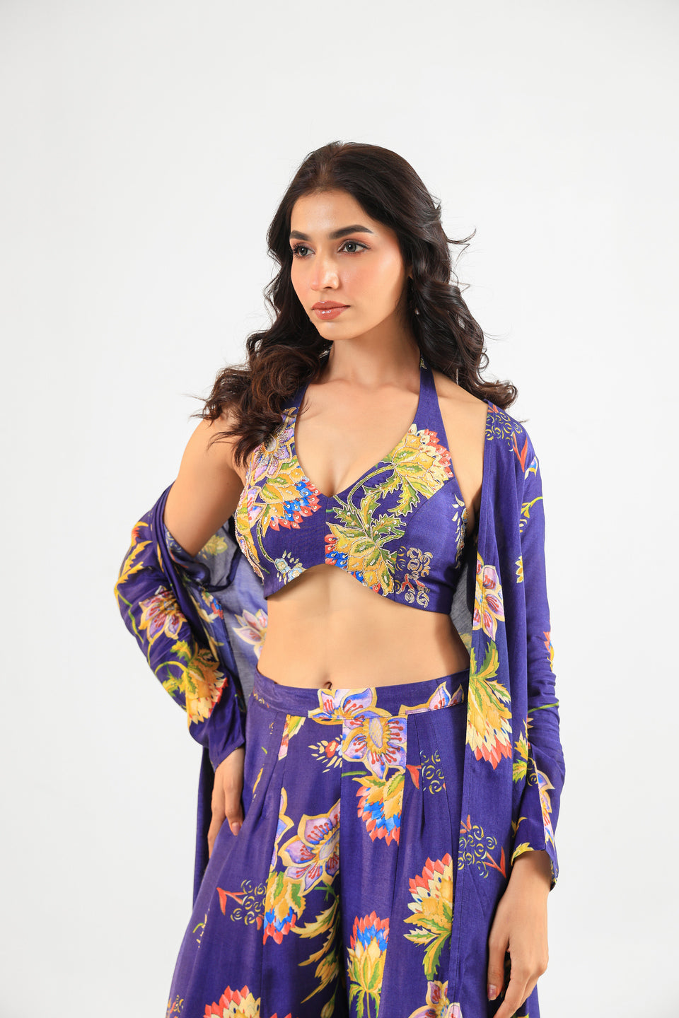 Royal Blue Floral Printed Three-Piece Set with Palazzo Pants, Bustier & Long Jacket