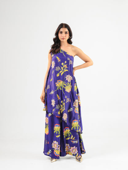 Deep Blue Floral Off-Shoulder Kurta Set with Wide-Leg Pants