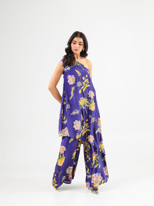 Deep Blue Floral Off-Shoulder Kurta Set with Wide-Leg Pants
