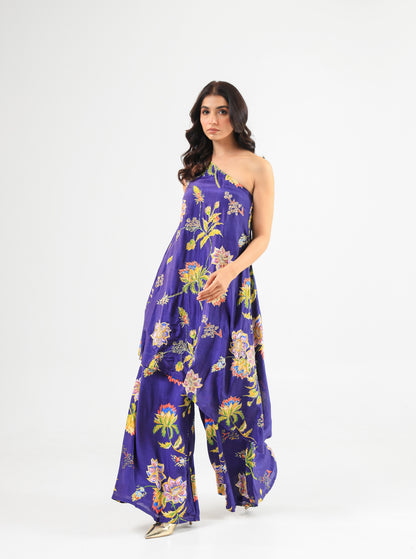 Deep Blue Floral Off-Shoulder Kurta Set with Wide-Leg Pants
