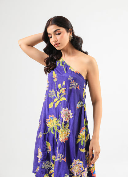 Deep Blue Floral Off-Shoulder Kurta Set with Wide-Leg Pants