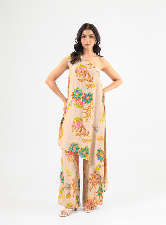 Beige Floral Asymmetric Kurta Set with Wide-Leg Pants