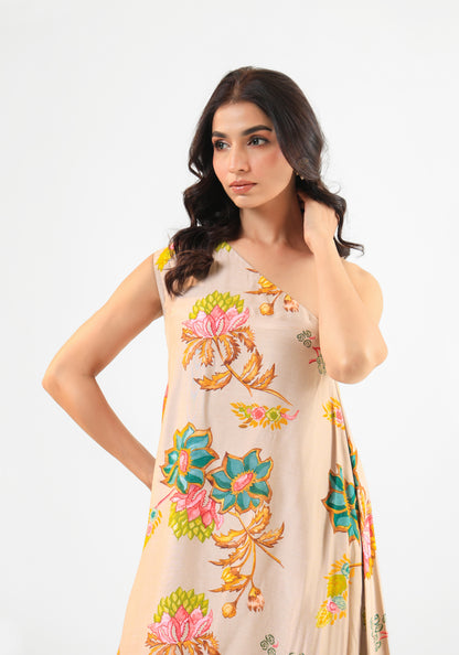 Beige Floral Asymmetric Kurta Set with Wide-Leg Pants