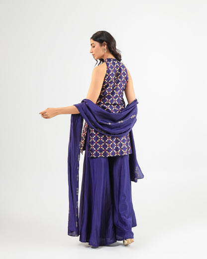 Deep Blue Halter Banarasi Kurta Set with Embroidered Dupatta