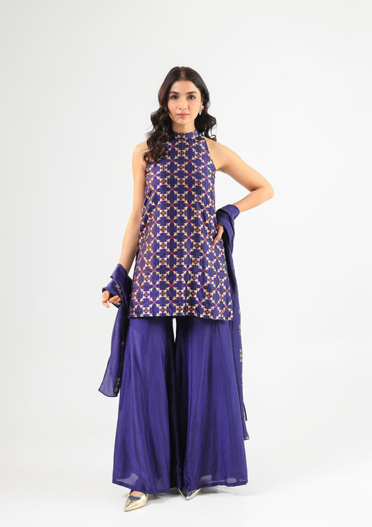 Deep Blue Halter Banarasi Kurta Set with Embroidered Dupatta