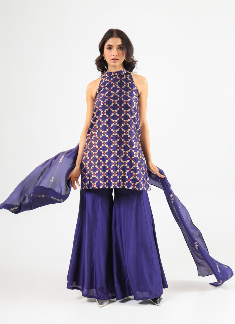 Deep Blue Halter Banarasi Kurta Set with Embroidered Dupatta