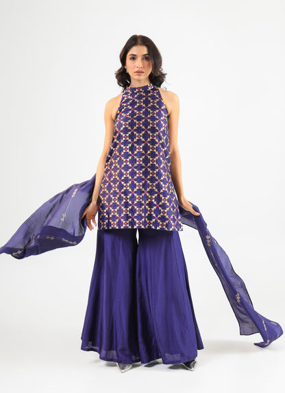 Deep Blue Halter Banarasi Kurta Set with Embroidered Dupatta