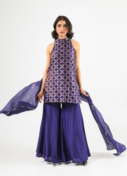 Deep Blue Halter Banarasi Kurta Set with Embroidered Dupatta