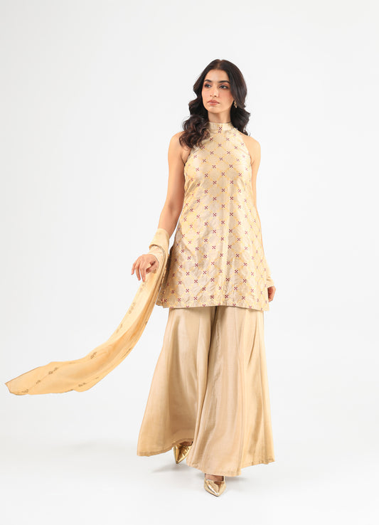 Beige Halter Banarasi Kurta Set with Embroidered Dupatta