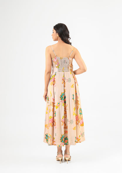 Beige Floral Midi Dress