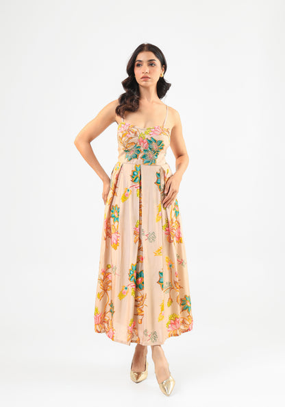 Beige Floral Midi Dress
