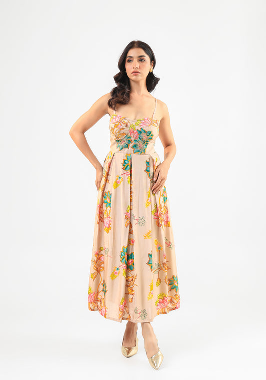 Beige Floral Midi Dress