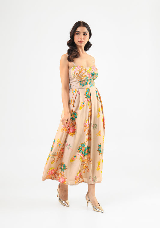 Beige Floral Midi Dress