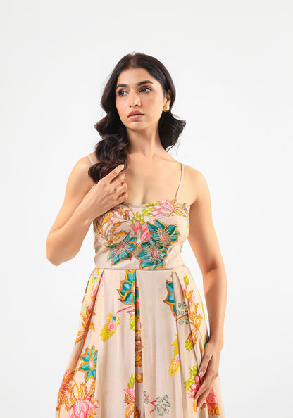 Beige Floral Midi Dress
