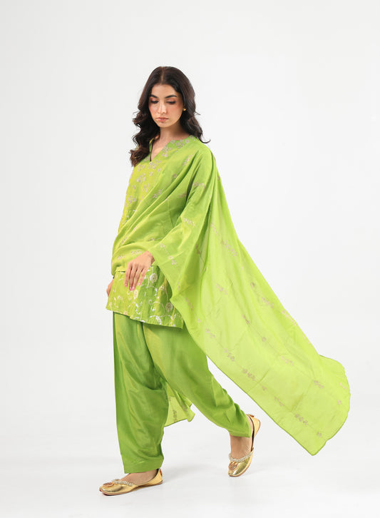 Green Banarasi Kurta Set with Embroidered neckline & Dupatta
