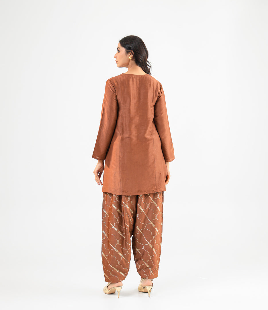 Mocha Mousse Embroidered Kurta Set with Banarasi Salwar & Embroidered Dupatta