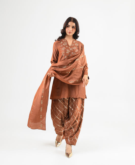 Mocha Mousse Embroidered Kurta Set with Banarasi Salwar & Embroidered Dupatta