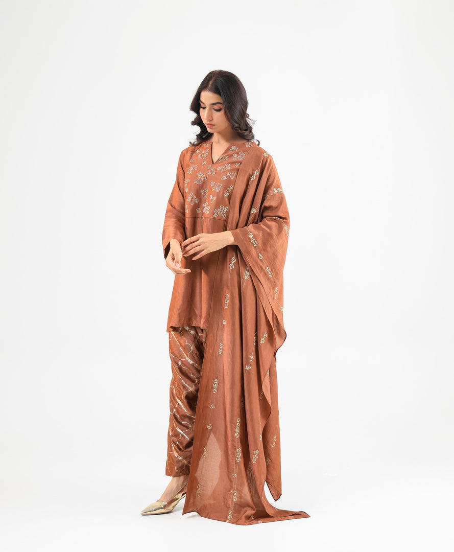 Mocha Mousse Embroidered Kurta Set with Banarasi Salwar & Embroidered Dupatta