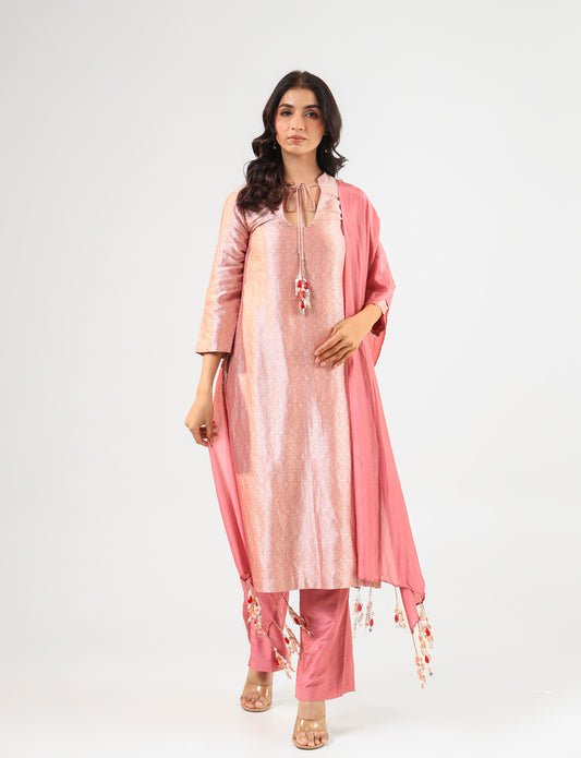 Pink Banarasi Kurta Set with Royal Silk Pants and Dupatta