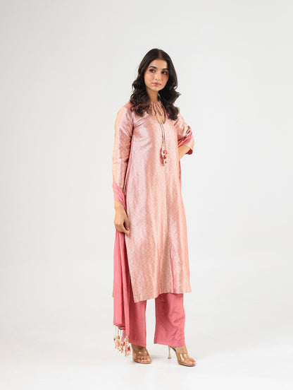 Pink Banarasi Kurta Set with Royal Silk Pants and Dupatta