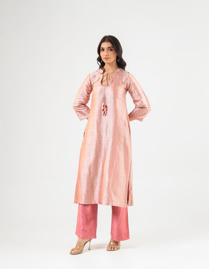 Pink Banarasi Kurta Set with Royal Silk Pants and Dupatta