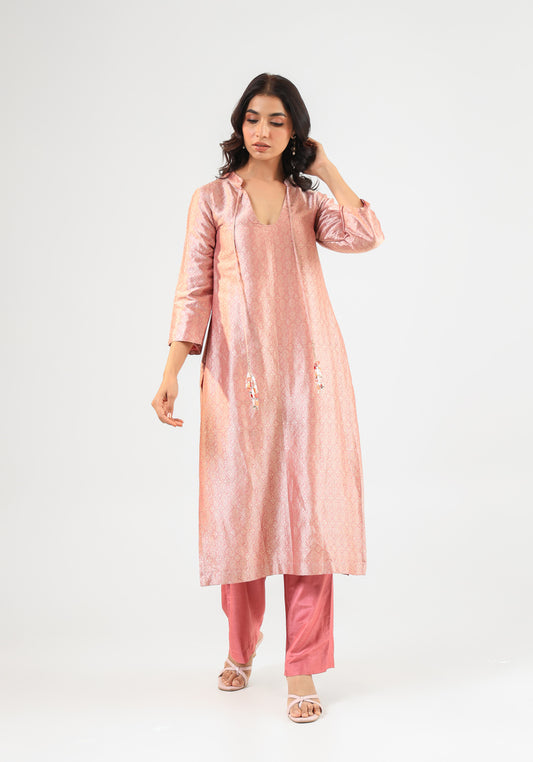 Pink Banarasi Kurta Set with Royal Silk Pants and Dupatta