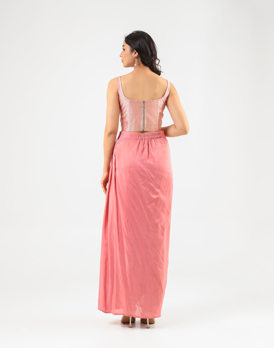 Pink Banarasi Corset Set with Drape Skirt and Bandage Dupatta