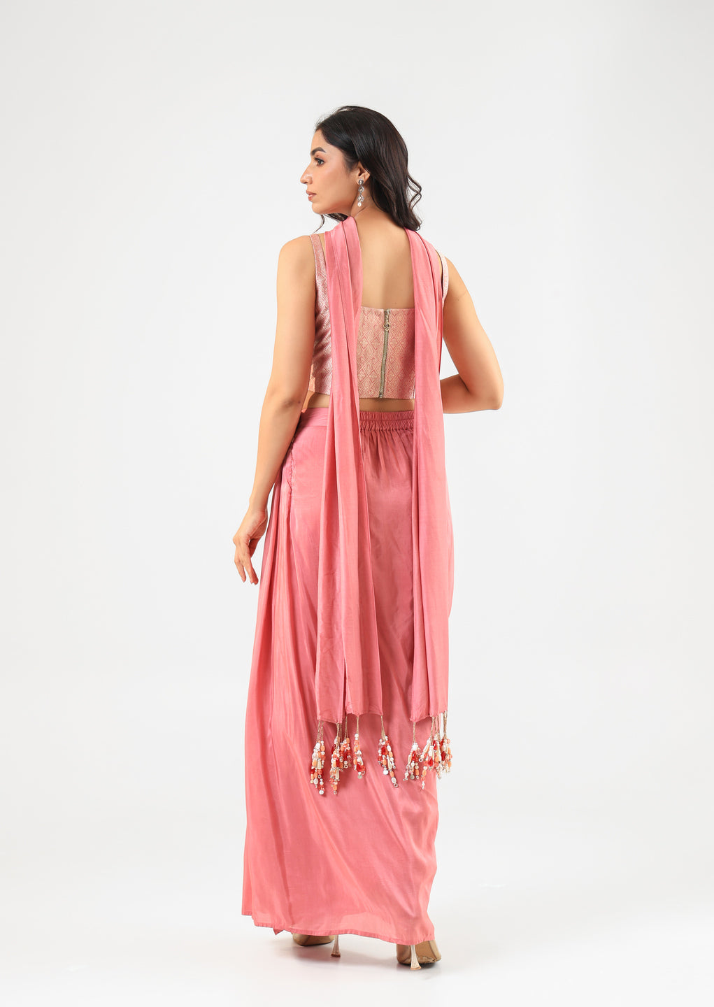Pink Banarasi Corset Set with Drape Skirt and Bandage Dupatta