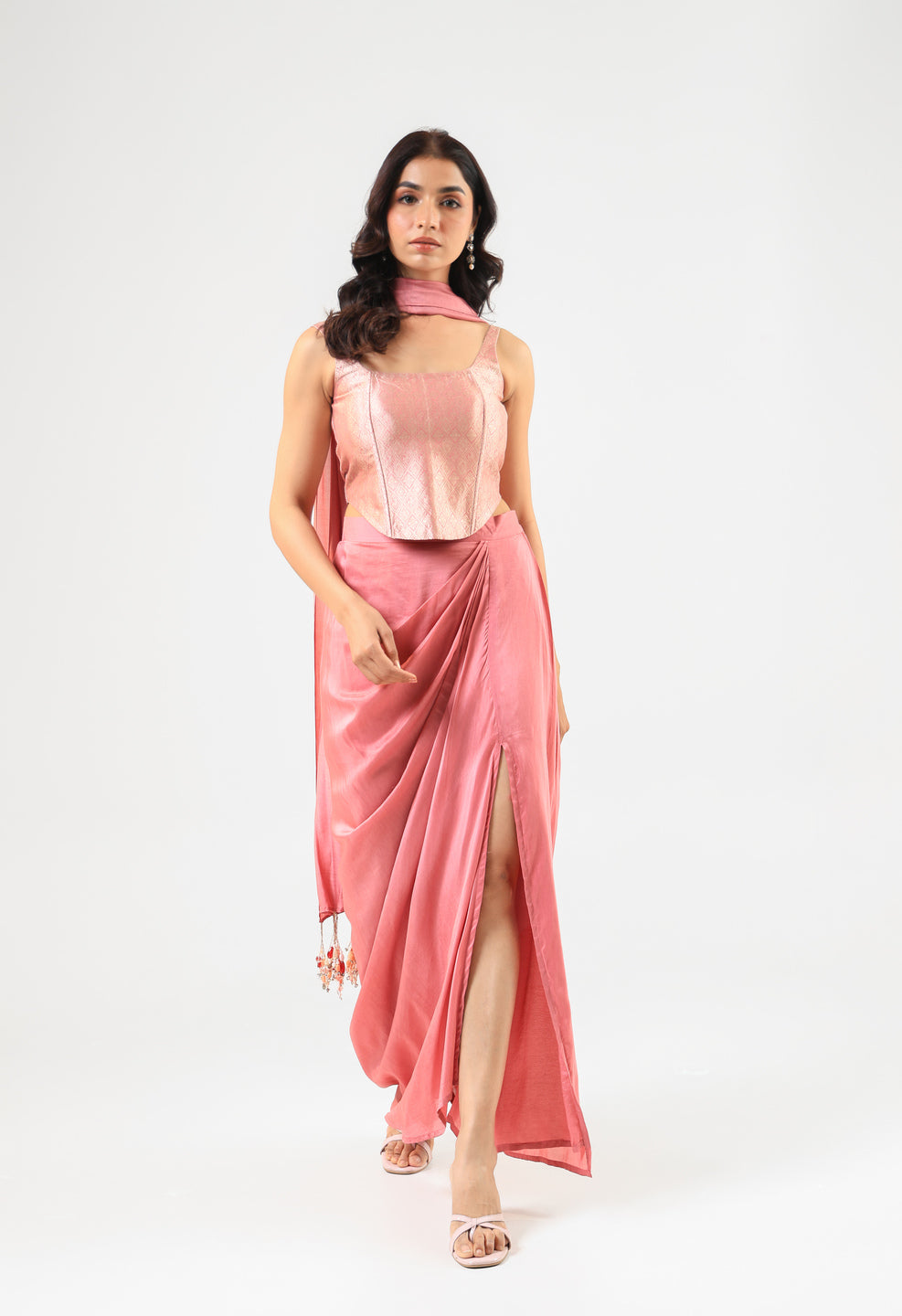 Pink Banarasi Corset Set with Drape Skirt and Bandage Dupatta