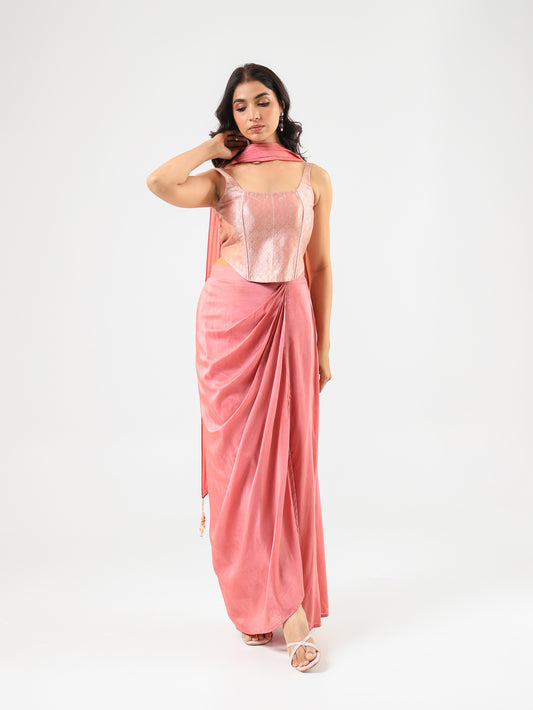 Pink Banarasi Corset Set with Drape Skirt and Bandage Dupatta