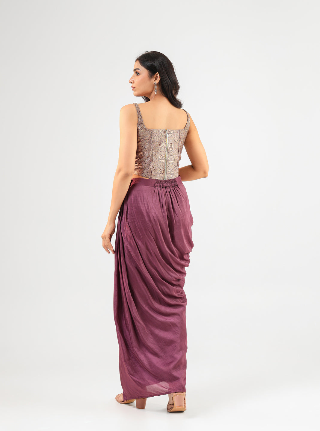 Wine Banarasi Corset Set with Drape Skirt and Bandage Dupatta