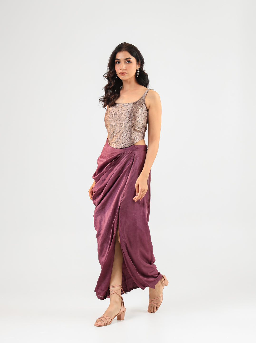 Wine Banarasi Corset Set with Drape Skirt and Bandage Dupatta