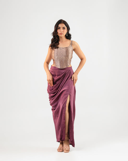 Wine Banarasi Corset Set with Drape Skirt and Bandage Dupatta