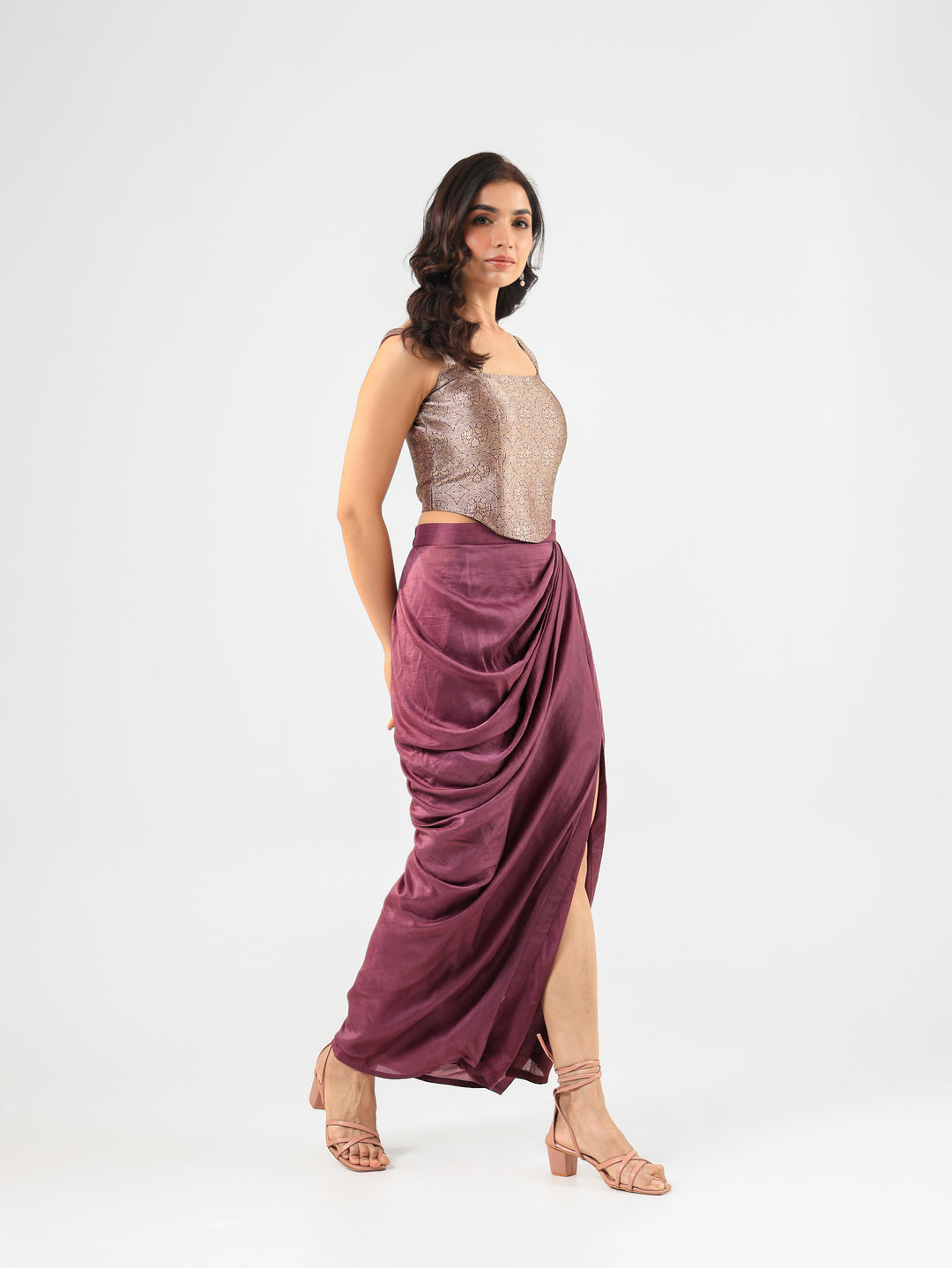 Wine Banarasi Corset Set with Drape Skirt and Bandage Dupatta