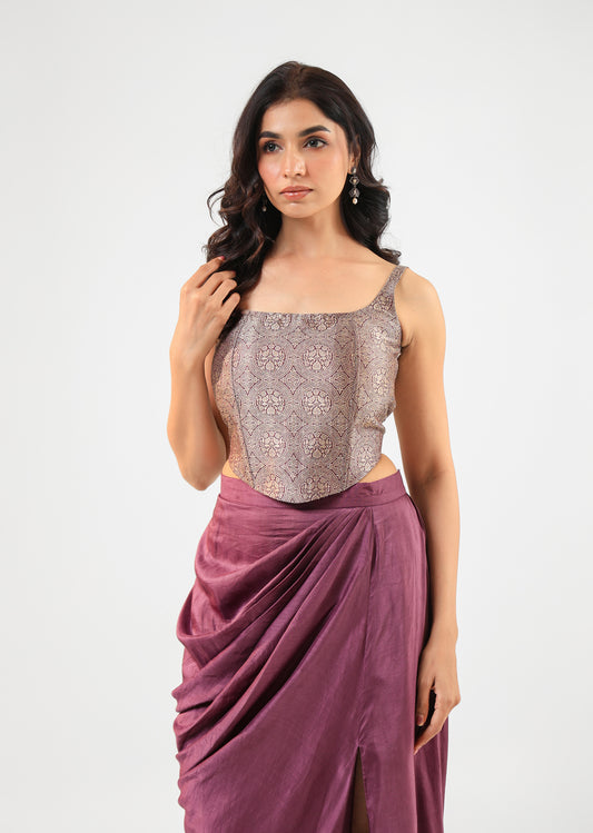 Wine Banarasi Corset Set with Drape Skirt and Bandage Dupatta