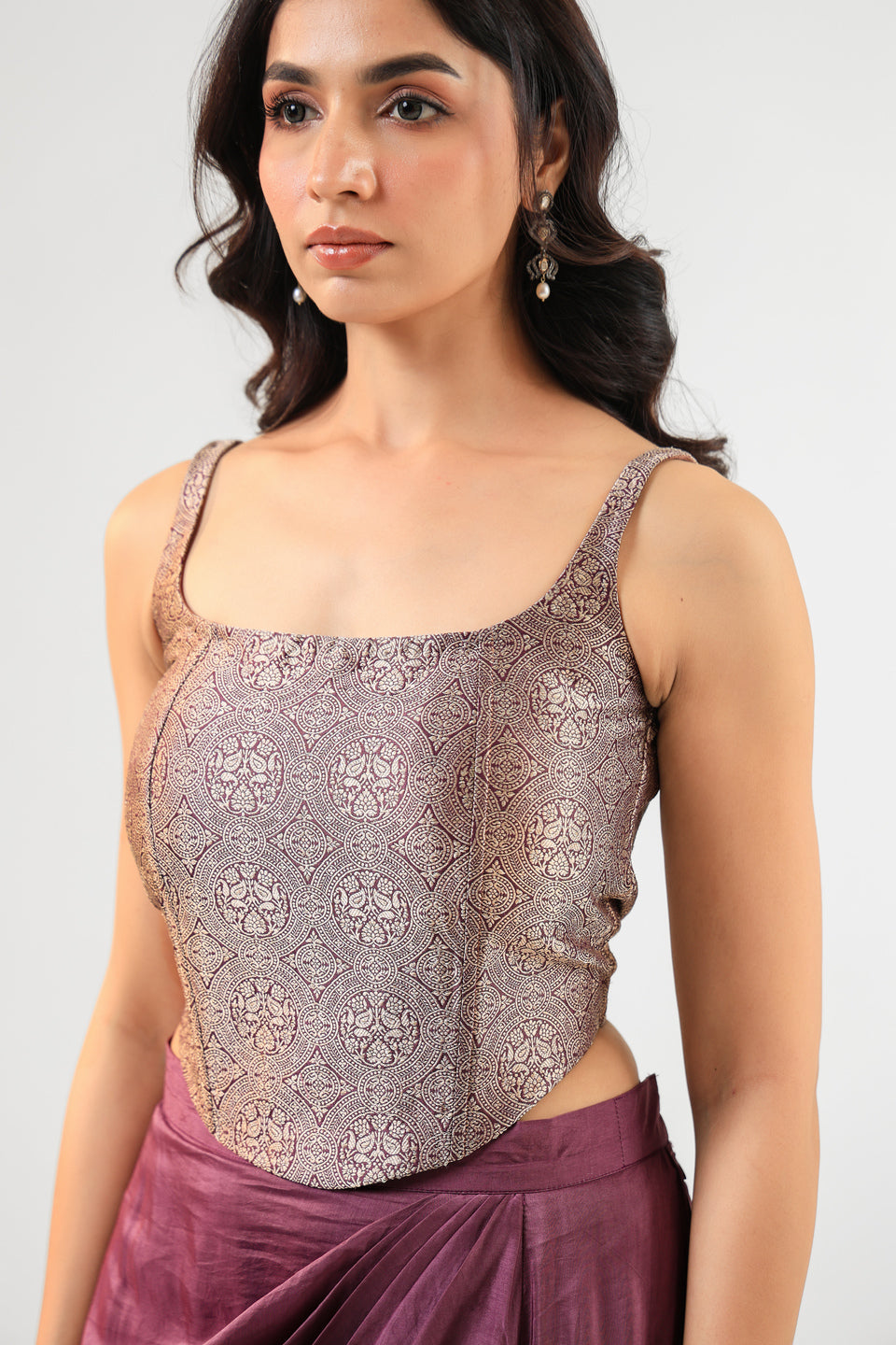 Wine Banarasi Corset Set with Drape Skirt and Bandage Dupatta