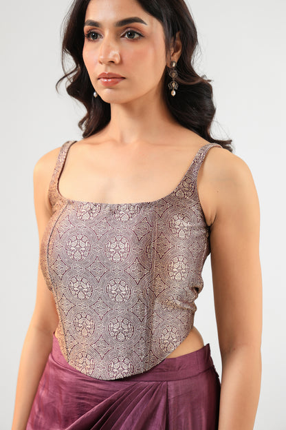 Wine Banarasi Corset Set with Drape Skirt and Bandage Dupatta