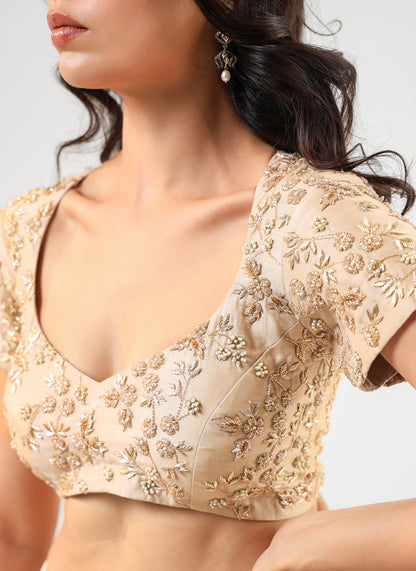 Beige Embroidered Blouse with Banarasi Detailed Lehenga Set and Organza Dupatta