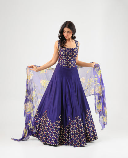 Deep Blue Banarasi Blouse & Lehenga Set with Amrood Printed Organza Dupatta